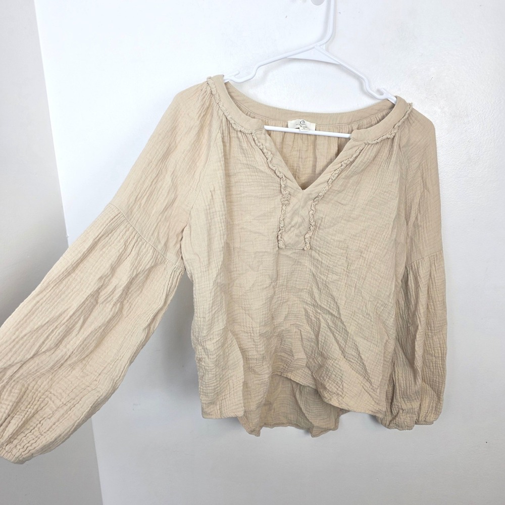P‎ Cill Cream Gauze 100% Cotton Balloon Sleeve Cottagecore Peasant Blouse Size M